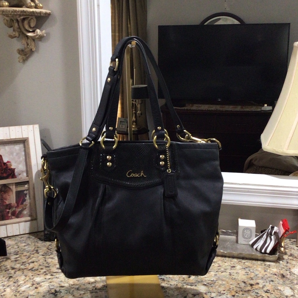 Coach Ashley Designer Black Tote with Gold Accents Crossbody Purse Handbag